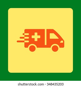 Ambulance Car vector icon. Style is flat rounded square button, orange and yellow colors, green background.