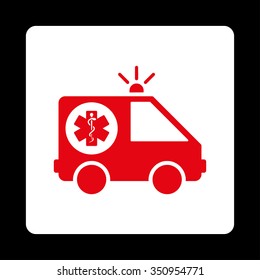 Ambulance Car vector icon. Style is flat rounded square button, red and white colors, black background.