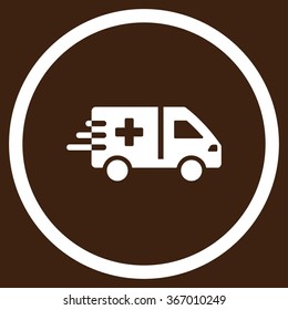 Ambulance Car vector icon. Style is flat circled symbol, white color, rounded angles, brown background.