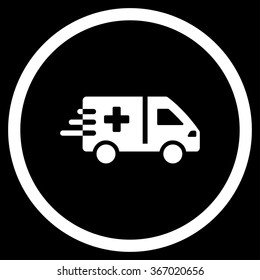 Ambulance Car vector icon. Style is flat circled symbol, white color, rounded angles, black background.