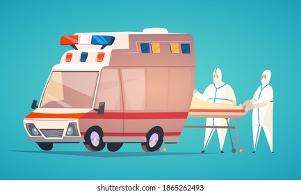Ambulance car vector illustration. Doctors in protective suits are taking a patient on a gurney to an ambulance. Pandemic, coronavirus, COVID-19, 2019-nCoV.