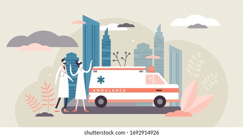 Ambulance car vector illustration. Medical vehicle flat tiny persons concept. First aid disease rescue transport to get patient to hospital ASAP. Covid-19 testing medics with healthcare siren truck.