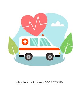 Krankenwagen, Vektorillustration auf weißem Hintergrund. paramedizinischer Notfall. Cartoon-Krankenwagen mit Herzkarte und Bäumen.