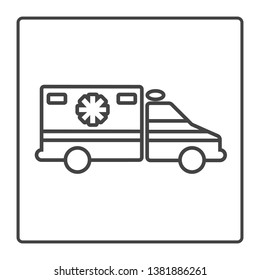 Ambulance car vector line icon in a black square frame isolated on a white background