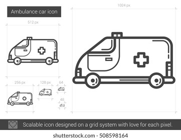 Ambulance car vector line icon isolated on white background. Ambulance car line icon for infographic, website or app. Scalable icon designed on a grid system.