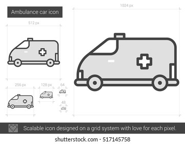 Ambulance car vector line icon isolated on white background. Ambulance car line icon for infographic, website or app. Scalable icon designed on a grid system.