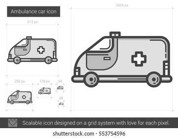 Ambulance car vector line icon isolated on white background. Ambulance car line icon for infographic, website or app. Scalable icon designed on a grid system.