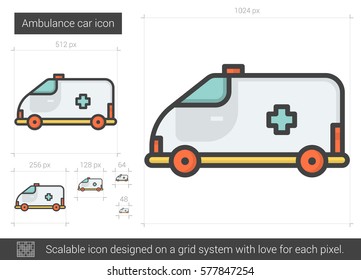 Icono de la línea vectorial del coche de ambulancia aislado en fondo blanco. Icono de línea de coche de ambulancia para infografía, sitio web o aplicación. Icono escalable diseñado en un sistema de cuadrícula.
