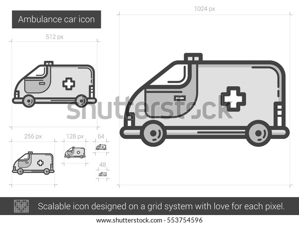 Ambulance car vector line icon isolated\
on white background. Ambulance car line icon for infographic,\
website or app. Scalable icon designed on a grid\
system.