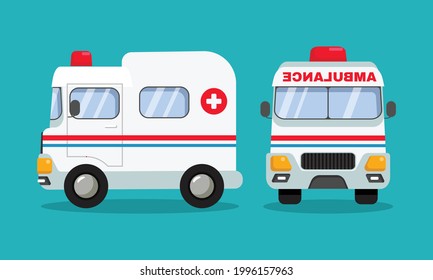 Ambulance Car Vehicle In Side And Front View. Flat Style Vector Cartoon Design