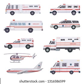 Ambulance cars. Health rescue service vehicle van helicopter paramedic emergency hospital urgent auto 911 vector cartoon pictures