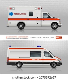 Ambulance cars vector mock-up for advertising, corporate identity. Isolated medical vans template on transparent background. Vehicle branding mockup