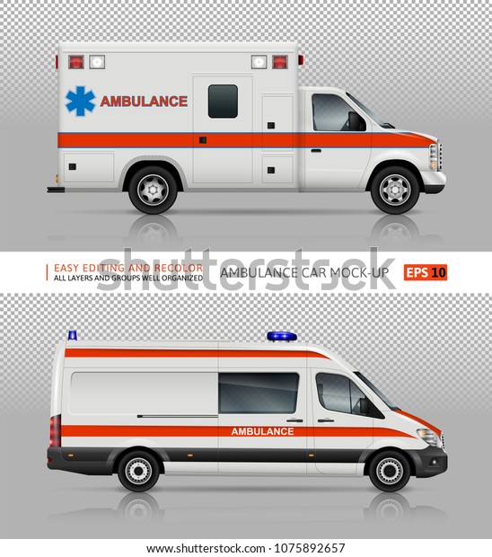 Ambulance cars vector mock-up for advertising,\
corporate identity. Isolated medical vans template on transparent\
background. Vehicle branding\
mockup