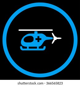 Ambulance Chopper vector icon. Style is bicolor flat circled symbol, blue and white colors, rounded angles, black background.