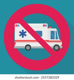 Ambulance with a circular red strikethrough prohibition symbol on a blue background with long shadow in flat design style