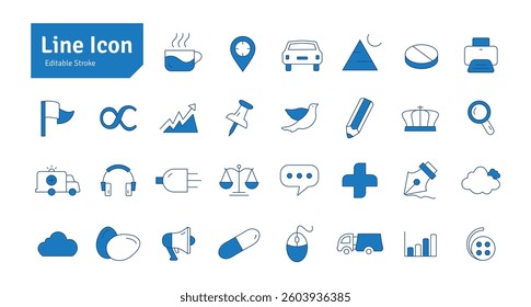 Ambulance, coffee, car, Mouse, Justice, Head Phone, Gift, Home, Flag, Chart, Note, Bulb, Magnifying Glass, Pen, Printer, Cloud, Mega Phone, Line Icon Set. Editable Stroke Vector Illustration