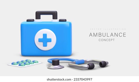 Ambulance collection with medical items. First aid for patient, box with medicine and stethoscope for examine patient. Vector illustration in blue colors with place for text