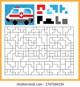 Ambulance. Color the image using shapes. Coloring book for kids. Colorful Puzzle Game for Children with answer.