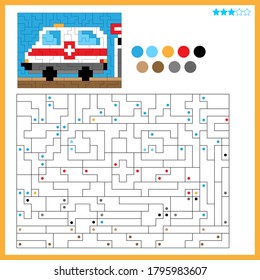 Ambulance. Coloring book for kids. Colorful Puzzle Game for Children with answer.