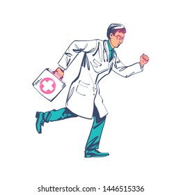 Ambulance concept. Doctor running to help. First aid kit is in hands of medical professional. Vector illustration sketch design. Isolated on background. Man in uniform in white robe.