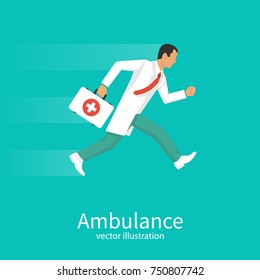 Ambulance concept. Doctor running to help. First aid kit is in hands of medical professional. Vector illustration flat design. Isolated on background. Man in uniform in white robe.