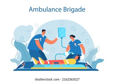 Concepto de ambulancia. Médico de emergencia con uniforme que realiza primeros auxilios. Atención urgente para paramédicos. Salud, tratamiento de medicina moderna. Ilustración vectorial plana