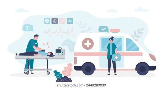 Ambulance concept. Emergency doctor in uniform performing first aid. Paramedics provide first aid to injured person on medical stretcher, emergency care. Healthcare, medicine treatment. flat vector