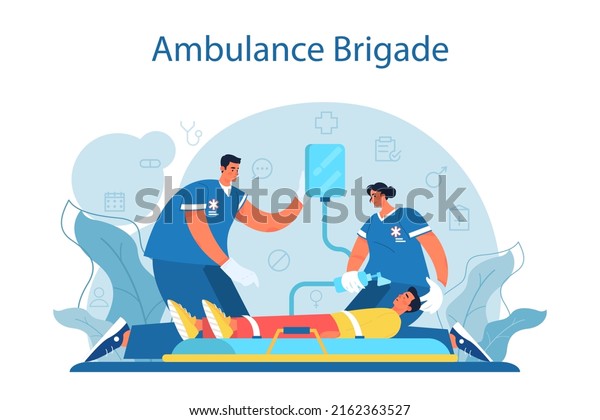 Ambulance concept. Emergency doctor\
in the uniform performing first aid. Paramedics urgent care.\
Healthcare, modern medicine treatment. Flat vector\
illustration