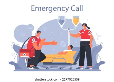 Ambulance concept. Emergency medical technician in the uniform performing first aid. Paramedics urgent care. Healthcare, modern medicine treatment. Flat vector illustration