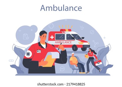 Ambulance Concept. Emergency Medical Technician In The Uniform Performing First Aid. Paramedics Urgent Care. Healthcare, Modern Medicine Treatment. Flat Vector Illustration