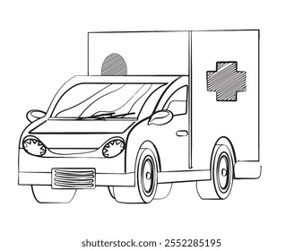 Ambulance concept. Illustration in Sketch style ambulance car. Vector on white background.