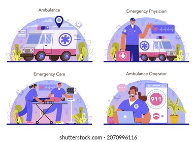 Conjunto de conceptos de ambulancia. Médico de emergencia con uniforme que realiza primeros auxilios. Atención urgente para paramédicos. Salud, tratamiento de medicina moderna. Ilustración vectorial plana