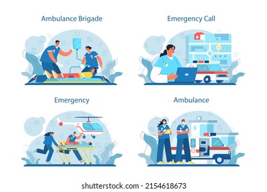 Conjunto de conceptos de ambulancia. Médico de emergencia con uniforme que realiza primeros auxilios. Atención urgente para paramédicos. Salud, tratamiento de medicina moderna. Ilustración vectorial plana