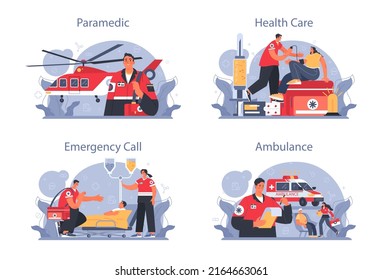 Ambulance concept set. Emergency medical technician in the uniform performing first aid. Paramedics urgent care. Healthcare, modern medicine treatment. Flat vector illustration