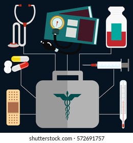 Ambulance concept with a vector flat icons of a first aid kit surrounded by its contents plasters, medication, forceps, syringe and tablets depicting health care. 