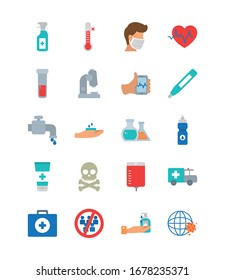 ambulance and covid 19 concept icon set over white background, flat style, vector illustration