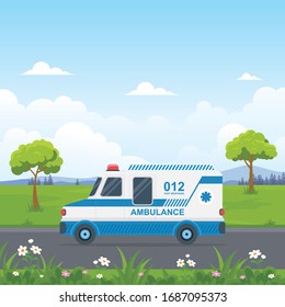 Ambulance crossed the road with beautiful rural landscape background, green grass, blue sky and mountain background