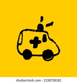 Ambulance cute icon vector illustration in hand drawn grunge chalk style, isolated on a yellow background, frequently used in mobile.