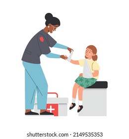 Ambulance doctor applying bandages to an injured child, flat cartoon vector illustration isolated on white background. Paramedic doctor with child patient.