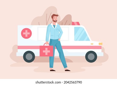 Ambulance doctor concept. Therapist holds first aid kit in his hands and stands next to ambulance. Medic visits the patient. Cartoon modern flat vector illustration isolated on pink background