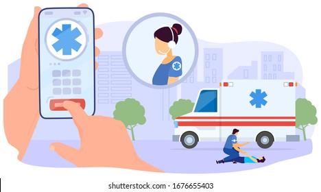 Ambulance, doctor help injured patient, flat vector illustration. Mobile app for hospital talk center, web banner, poster. 24 7 medical call center. Emergency car, background megapolis.