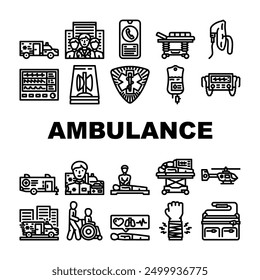 ambulance doctor hospital health icons set vector. emergency care, nurse medical, medicine patient, clinic woman, icon, first service ambulance doctor hospital health black contour illustrations