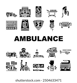 ambulance doctor hospital health icons set vector. emergency care, nurse medical, medicine patient, clinic woman, icon, first service ambulance doctor hospital health glyph pictogram Illustrations