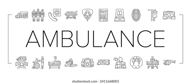 ambulance doctor hospital icons set vector. emergency health care, medicine aid, nurse patient service, paramedic, clinic ambulance doctor hospital black line illustrations