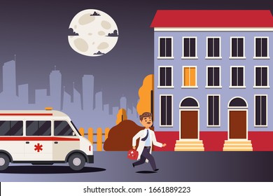 Ambulance Doctor Hurries To Emergency Call At Night, First Aid Healthcare Service, Vector Illustration. Man Cartoon Character, Medical Specialist Running To City House, Help Assistance. Flat Style