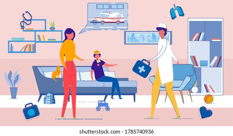 Ambulance Doctor Hurry to Help to Injured Little Patient. Emergency and First-aid Medicine Department Staff Work Scene with People Cartoon Character on Interior Background. Flat Vector Illustration.