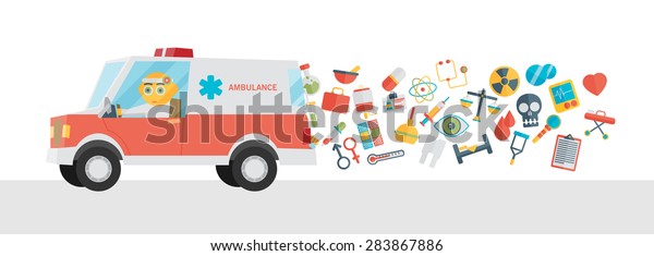 Ambulance with\
doctor and icons. Cartoon flat\
vector