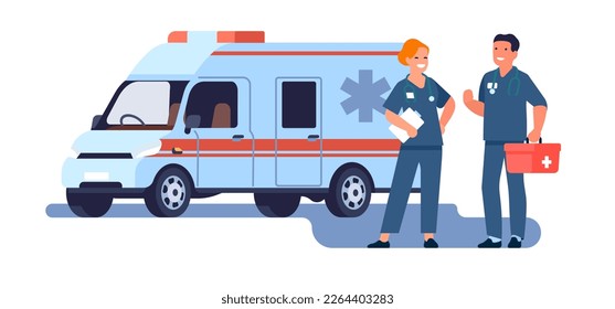 Ambulance doctors with car and medical kit. Paramedic man and woman in uniform. Hospital rescue vehicle. Health care and medicine. Physician and nurse. Automobile minivan