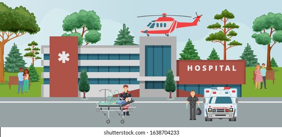 Ambulance, doctors paramedics emergency service with patient disease health care cartoon vector illustration. Medical helicopter on hospital and people doctors staff, healthcare emergence medicine.