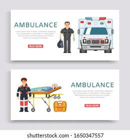 Ambulance, doctors paramedics emergency service with patient disease banners set vector illustration. Medical car and people doctors staff, healthcare emergence medicine.